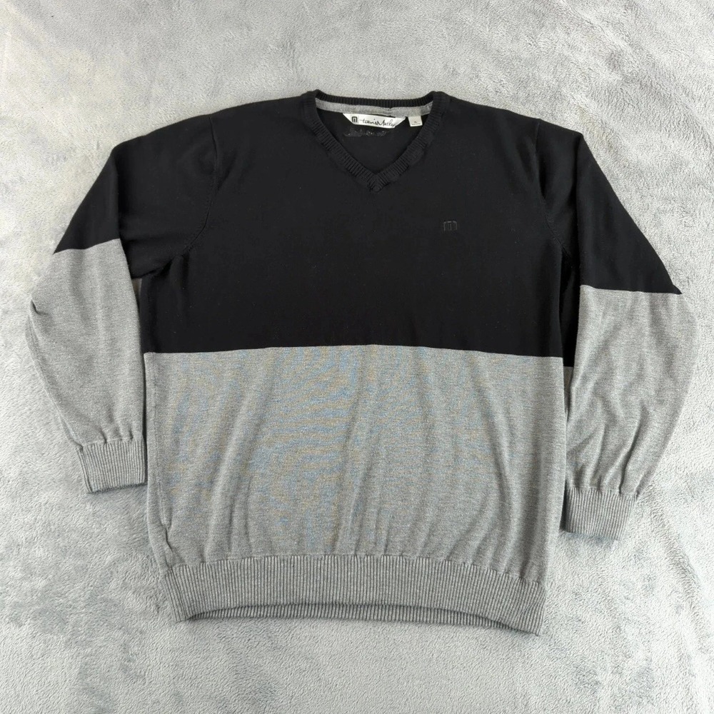 Travis Mathew Sweater Mens XL Black Gray Color Block V-Neck Pullover Golf Logo